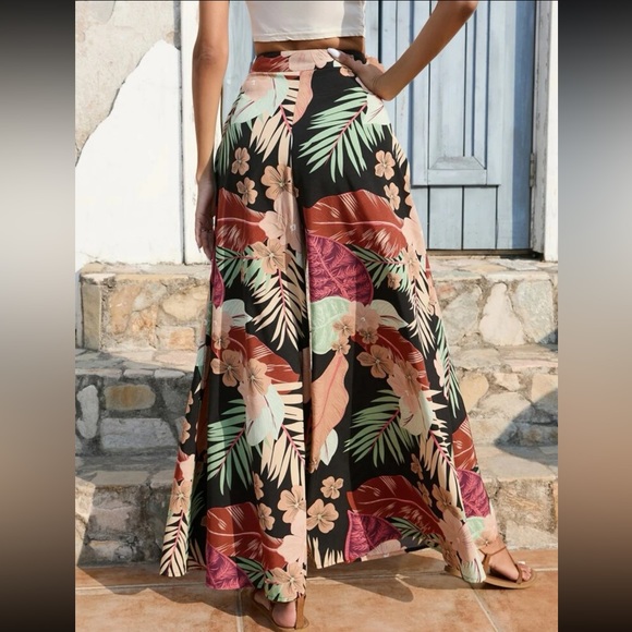 Boho floral leaves tropical print wide leg palazzo pants - Picture 3 of 12